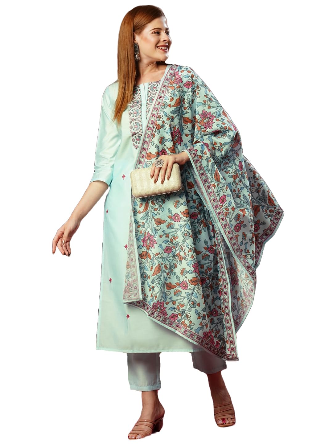 Gosriki Women'S Cotton Blend Embroidered Straight Kurta With Pant & Dupatta (Darikha Sky-Gs_M_Sky Blue_Medium),Sky Blue,,B0D73XR3TJ