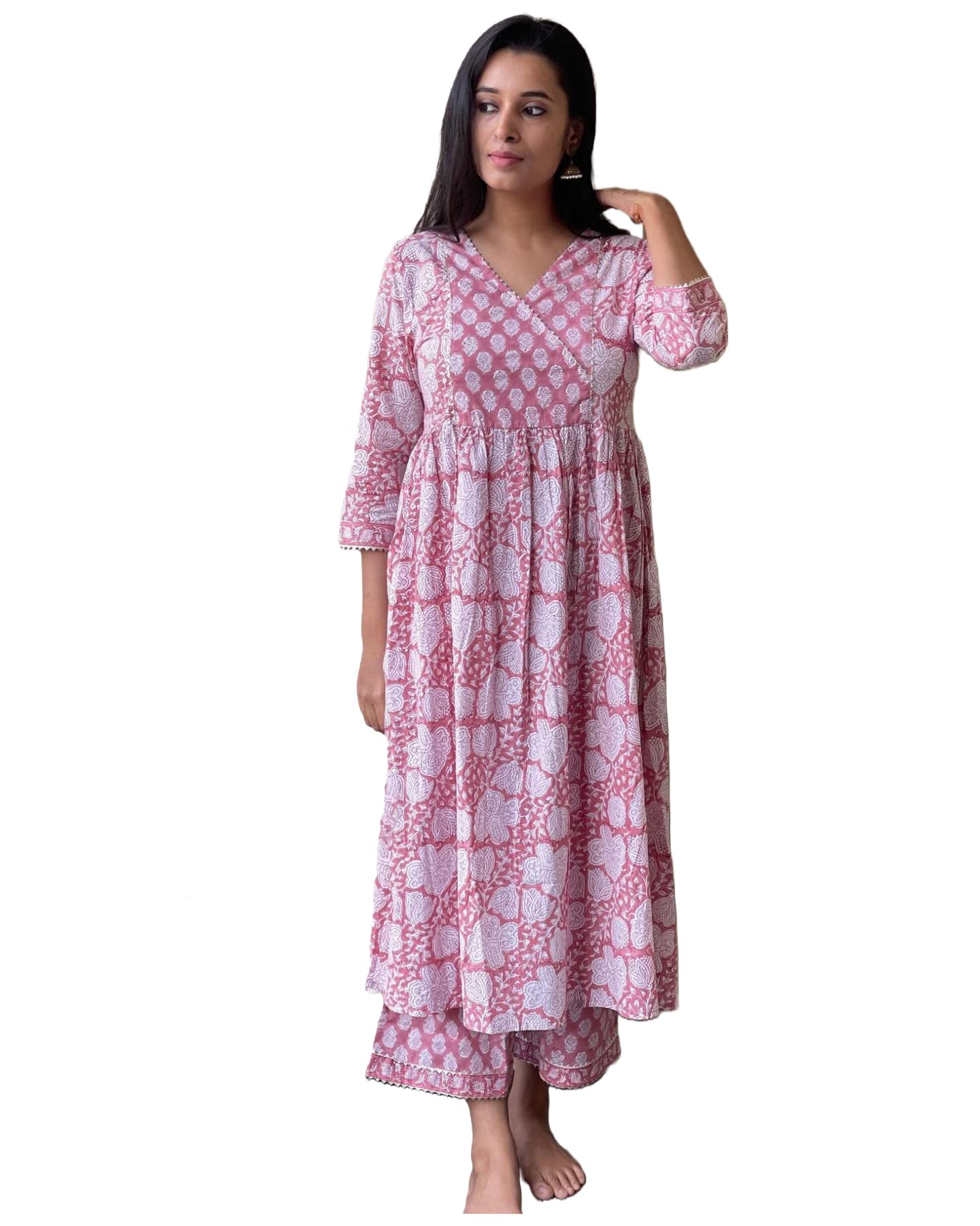 Anni Designer Women'S Cotton Blend Beautiful Printed Stylish Anarkali Kurta With Pant (Devina Multi_L_Pink_Large),Pink,L
