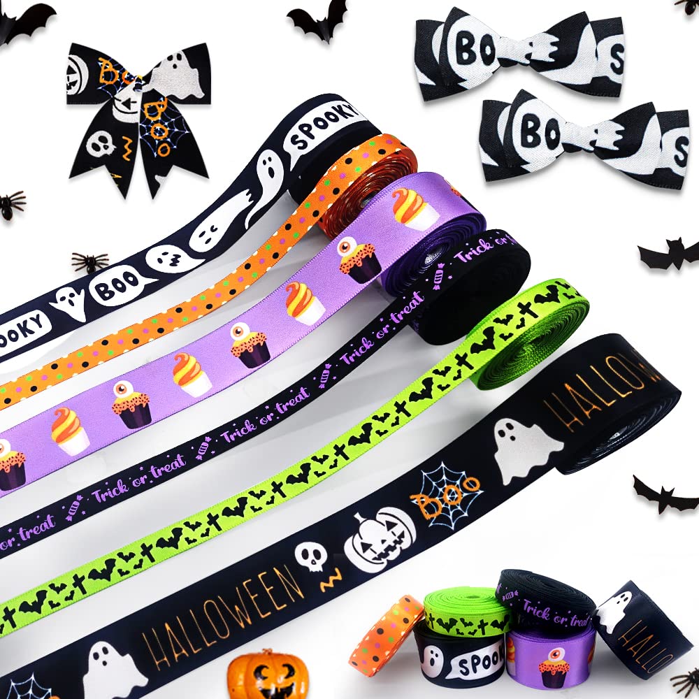 Estivaux 6 PCS Halloween Crafting Ribbons, 4/5 & 3/8 Width, Black & Purple Satin, Ghost & Bat Designs for Gift Wrapping & Decora