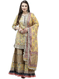 Ishin Women'S Cotton Blend Embroidered A-Line Kurta Suit Set With Dupatta & Sharara Kpldsic-21105_S_Yellow