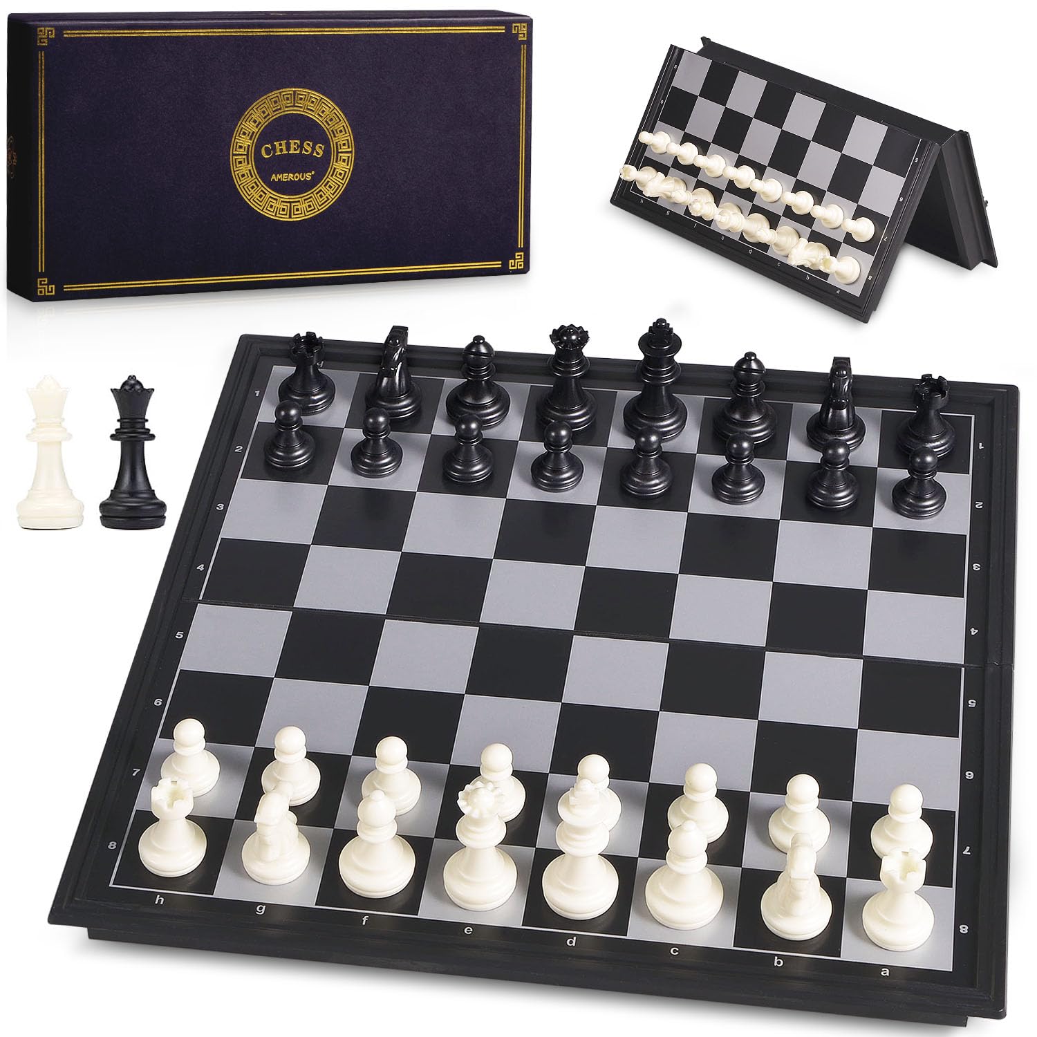 Amerous 10 Inches Magnetic Travel Chess Set With Folding Chess Board - 2 Extra Queens - Instructions For Beginner, Kids And Adults,Board Games