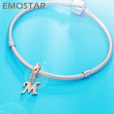 Letter M Rose Gold Charms fits Pandora Bracelet, Initial A-Z Alphabet Beads, 925 Sterling Silver Letra Dangle CZ Necklace Pendan