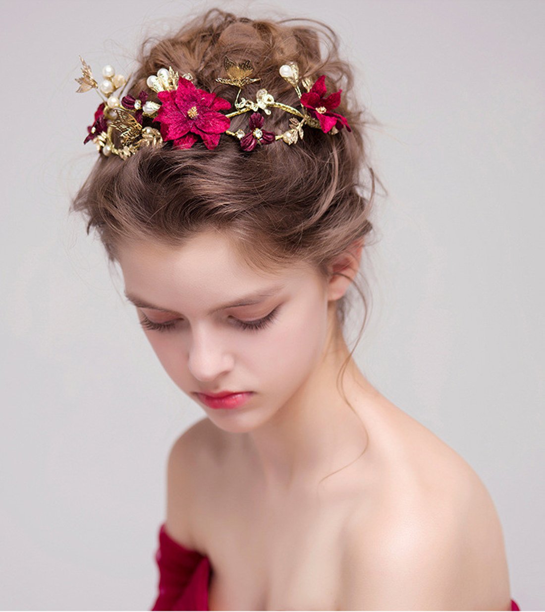 Wedding Headpiece Red Flower Gold Butterfly Hairbands Wedding Tiara Pearl Headbands Bridal Hair Bridesmaid Jewelry Accessories (