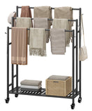 SORCEDAS Towel Rack 3 Tier Free Standing Metal Towel Stand with Storage Shelf and Wheel for Extra Large Towel Blanket Drying (Bl