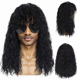 GNIMEGIL Cool Long Curly Synthetic Wig for Men in Jet Black - Retro Rock Style Halloween Costume Roleplay Black Curly Wig Deep W