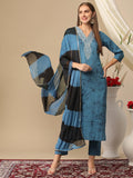 Anni Designer Women'S Cotton Blend Printed Straight Kurta With Pant & Dupatta (Suhana Blue_L_Blue_Large),Blue,L,,,