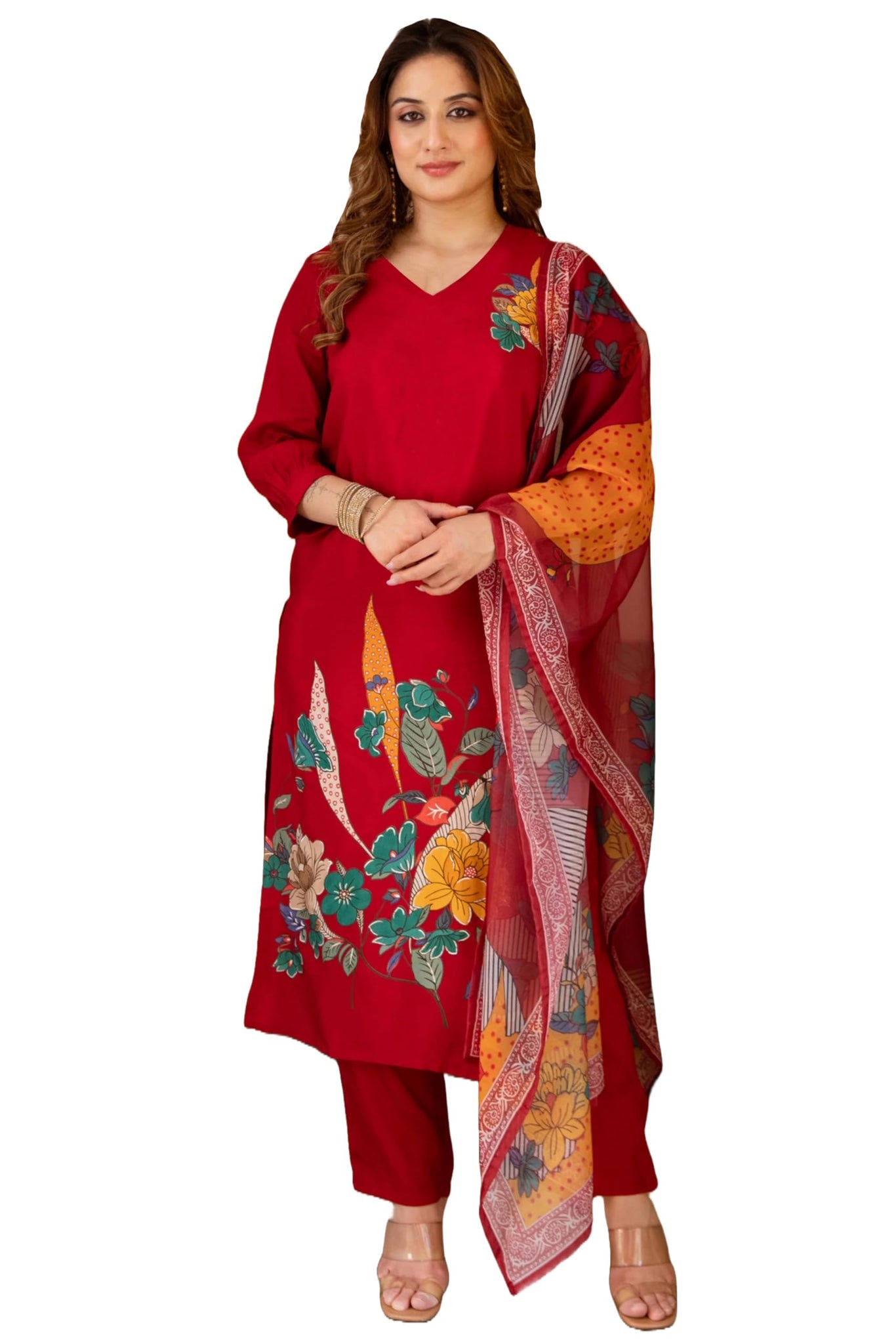 Anni Designer Women'S Rayon Viscose Straight Printed Kurta With Pant & Dupatta (Uranchu Red_M_Red_Medium),Red,M
