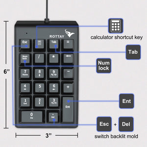 Rottay Number Pad, Mechanical USB Wired Numeric Keypad with Blue LED Backlit 22 Key Numpad for Laptop Desktop Computer PC Black