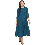 idaLia Pure Cotton 3/4 Sleeve,Round Neck Striped Flared Blue Kurta for Women