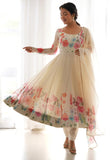 Shasmi Women'S White Pink Georgette Anarkali Floral Printed Kurta With Pant & Dupatta (Dress 114 White Pink 3Xl)