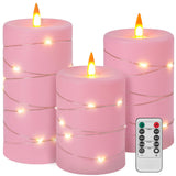 Fanzir Rose Pink Flameless Candles with String Lights Battery Operated Flickering LED Pillar Candles 4 5 6 Candle with Remote Co