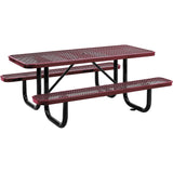 Global Industrial 6L Rectangular Picnic Table, Expanded Metal, Red Thermoplastic Coating, Attached Benches, 1-1/2Umbrella Po