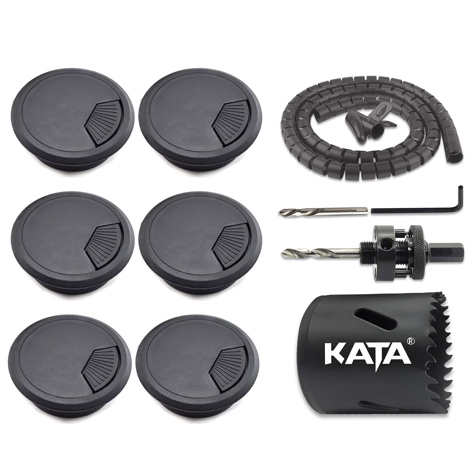 KATA 6-Pack Desk Grommet 2 Inch (50mm) Wire Cord Cable Desk Hole Cover with Bi-Metal Hole Saw Kit and Cord Wire Wrap Coiled Tube