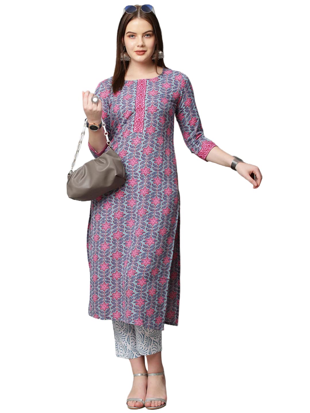 Anni Designer Women'S Cotton Blend Printed Straight Kurta With Pant (Sarva-Light Blue_Xxl_Dark Blue_Xx-Large),Light Blue,2XL
