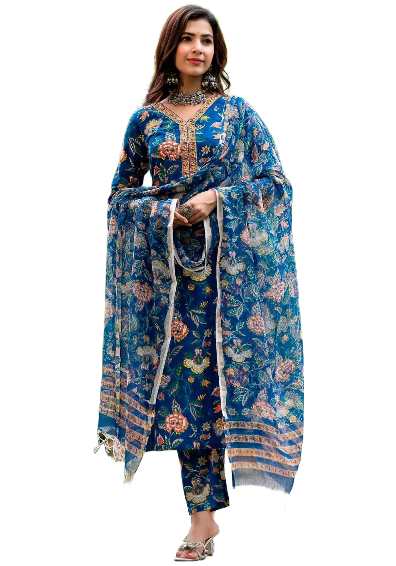Anni Designer Women'S Cotton Blend Straight Printed Kurta With Pant & Dupatta (Jdp Blue-Nw_Xl_Blue_X-Large),Blue,XL