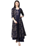 ishin Women's Rayon Navy Blue Embroidered Anarkali Kurta Palazzo Set With Jacket