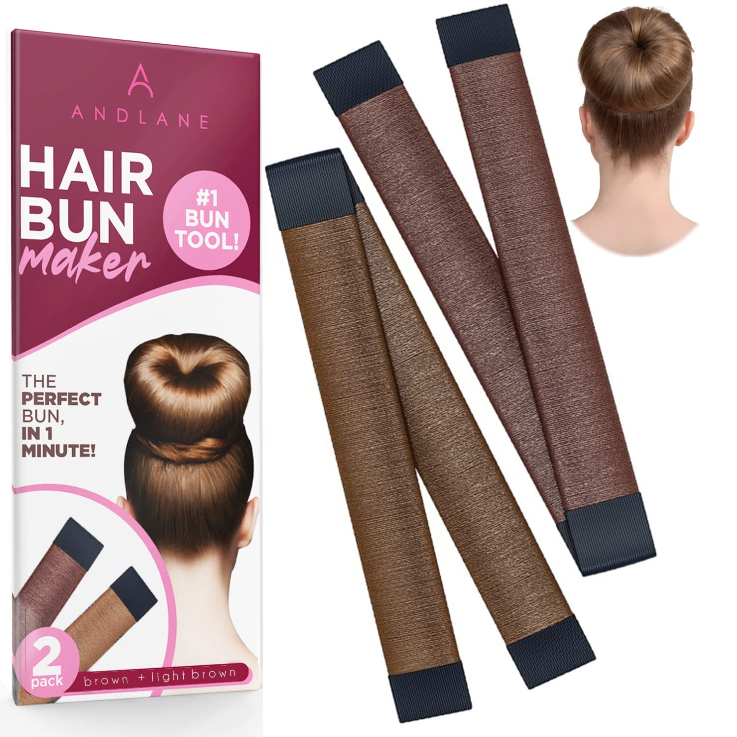 Andlane Hair Bun Maker French Twist Hair Fold Wrap Snap - Ballet Bun for Women and Kids (1 Brown, 1 Light Brown)