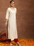 Libas Women'S Silk Embroidered Straight Kurtas (G2741_Off White Off White S