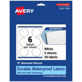 Avery Durable Waterproof Round Labels, Sure Feed Technology, Print-to-The-Edge, 3 Diameter, 30 Total, Oil and Tear-Resistant, Wa