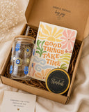 THE UMBRELLA STORE Evil Eye Gift Hamper for Her Glass Sipper with Straw, Scented Candle & Good Things take time Journal | Naza