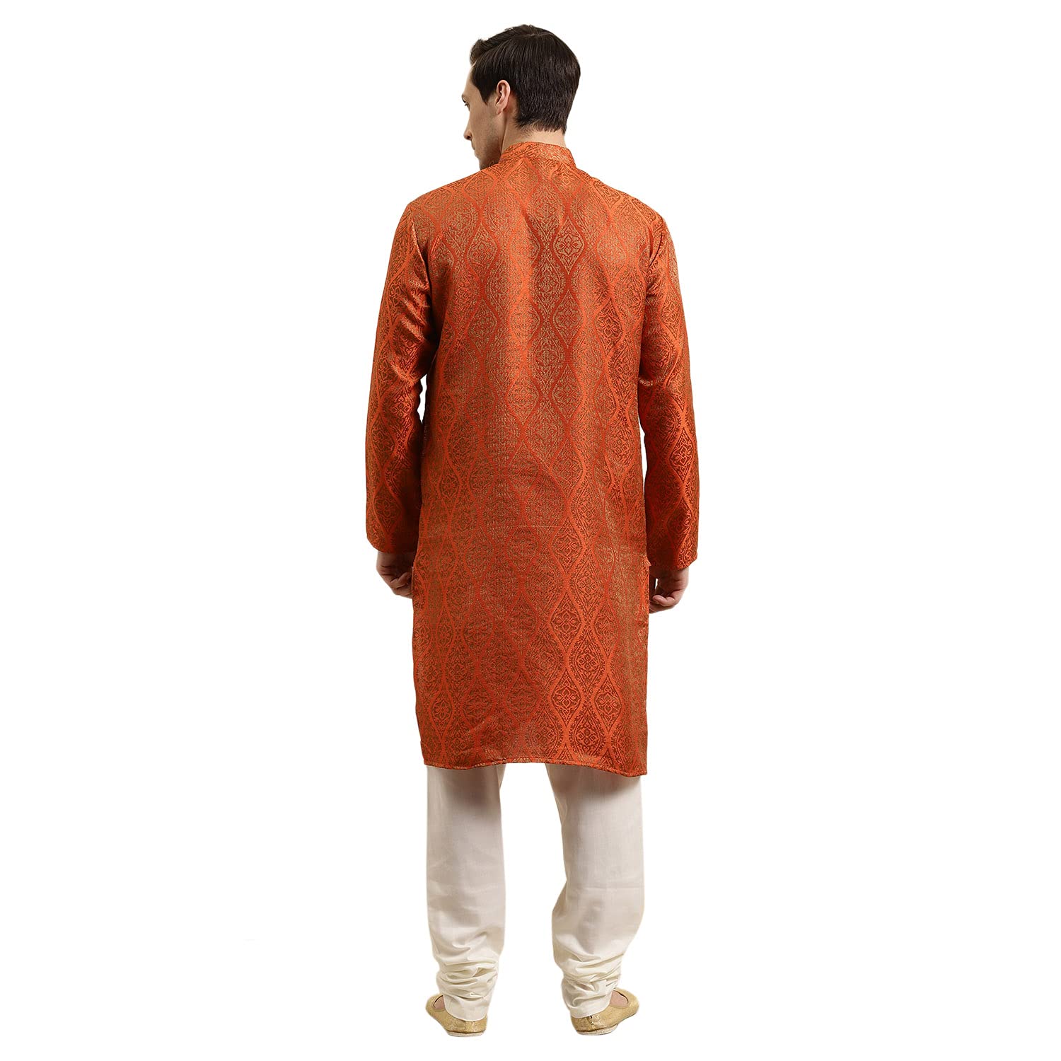 Sojanya (Since 1958 Men'S Jacquard Silk Orange & Gold Kurta Size 40