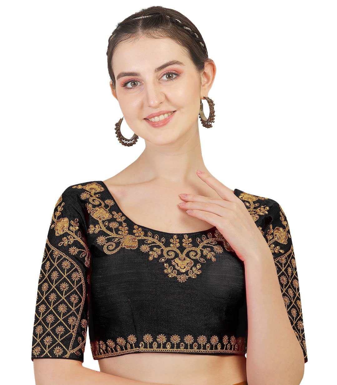 Vihu Fashion Women's Silk Floral Half Sleeve Blouse (Florall Black 38_Black_38)