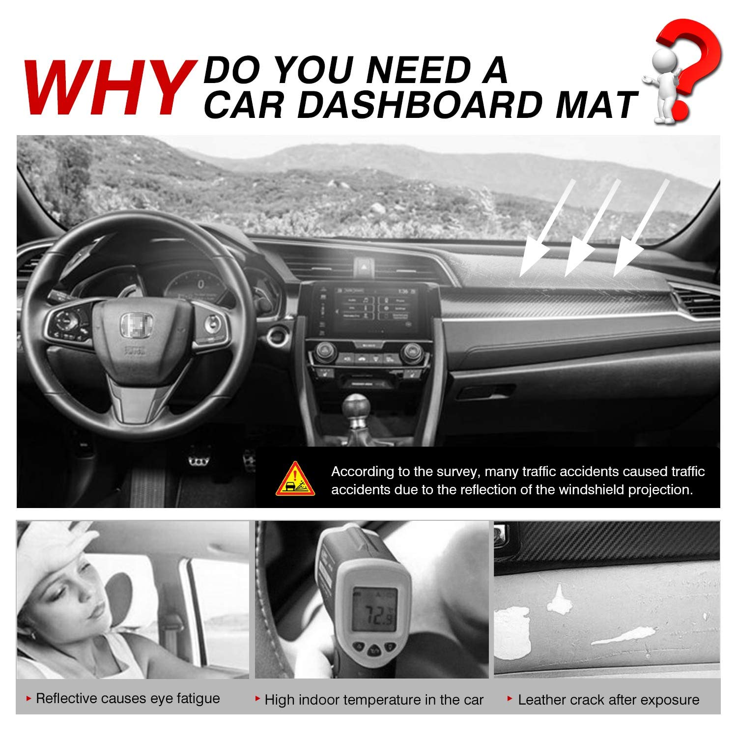 Cartist Custom Fit for Suede Dash Mat Honda Civic Coupe Sedan/Hatchback 2016-2020 2021 Accessories Dash Cover Nonslip Dashboard