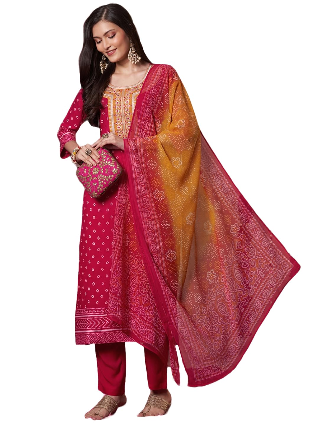 Anni Designer Women'S Rayon Viscose Printed Straight Kurta With Pant & Dupatta (Subhi Pink-Vks04_Xl_Pink_X-Large),Pink,XL