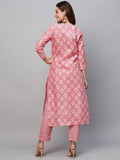 Anni Designer Women'S Cotton Blend Printed Straight Kurta With Pant (Kidaya Pink-Nw_S_Pink_Small),Pink,S,Cotton Blend,Regular,Kurta & Pant Set
