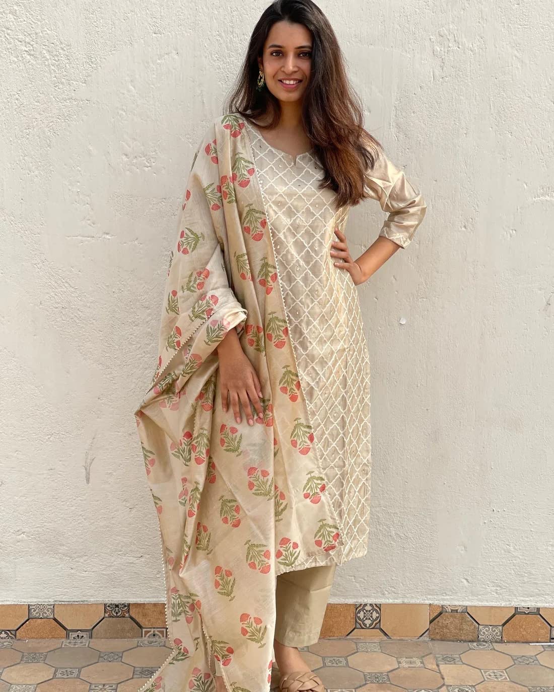 Gosriki Women'S Cotton Blend Embroidered Straight Kurta With Pant & Dupatta (Mysuru-Cream_5Xl-Gs_Cream_Xxxxx-Large),Cream,5,B0BFBC7JKQ