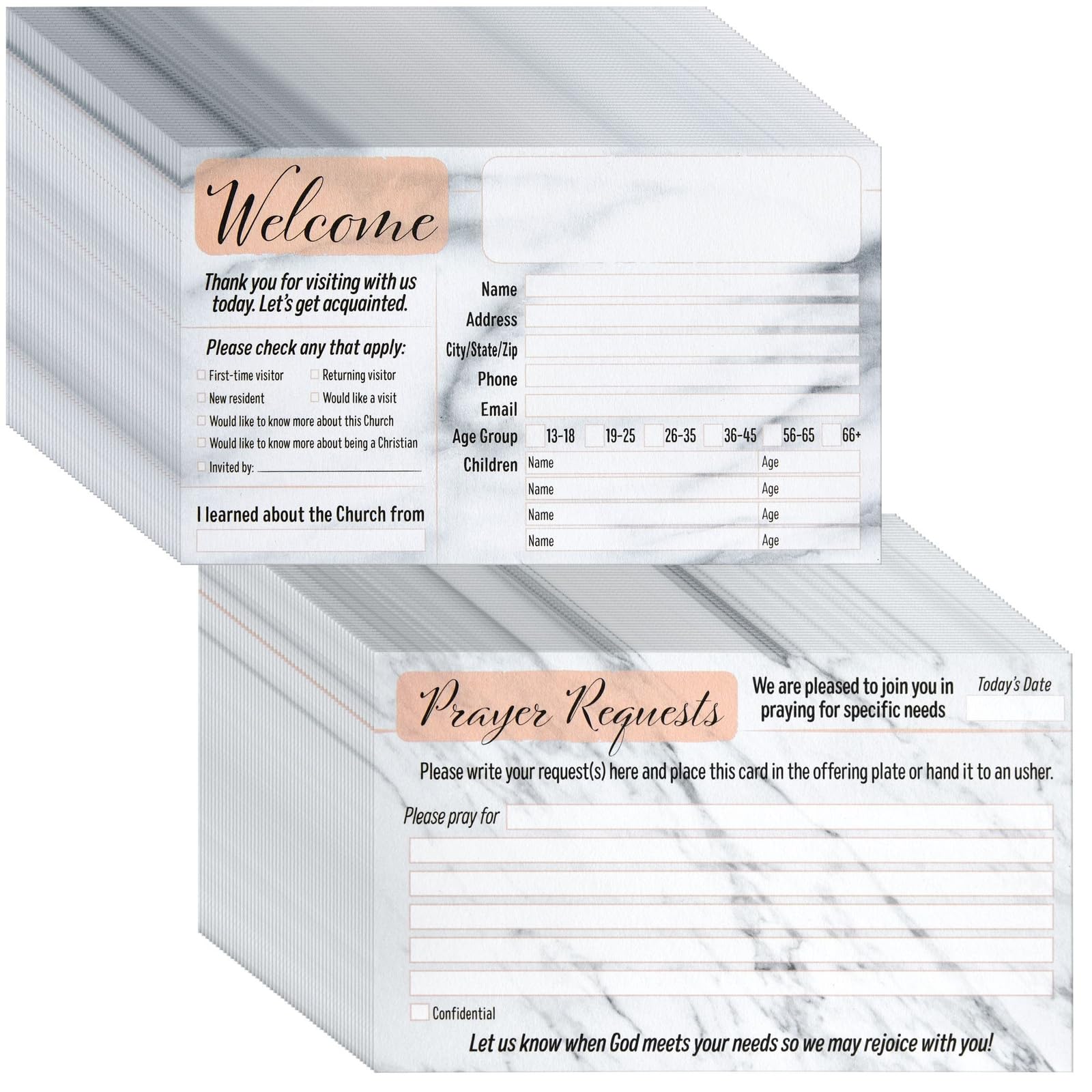 100 Pack Prayer Request and Welcome Cards for Church Visitors, Double Sided, Marble Designs (3 x 5 In)