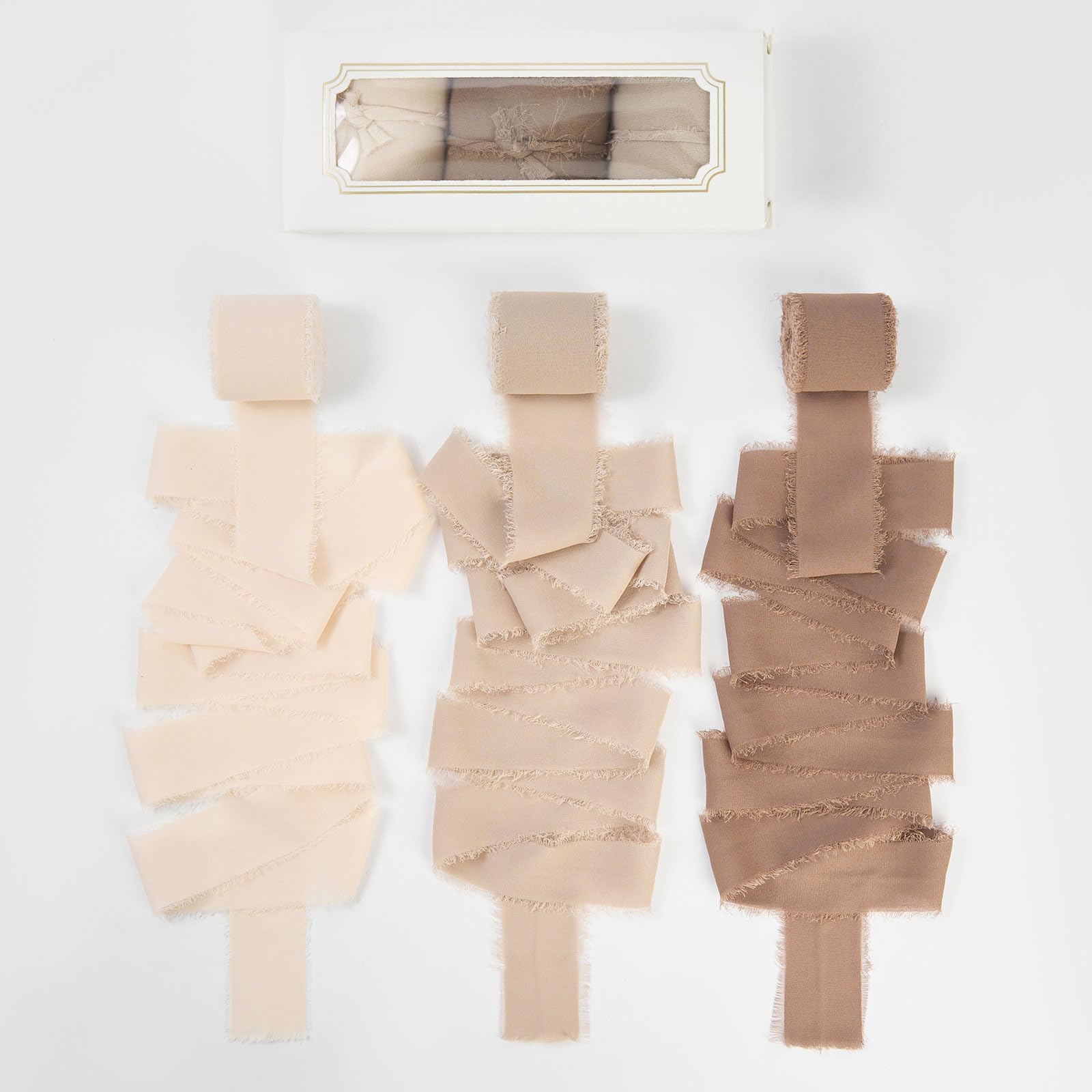 Pretty Jolly Khaki Set Chiffon Ribbon for Gift Wrapping 3 Rolls 1 1/2 Inch x 5Yd Silk Ribbons Handmade Fringe Fabric Ribbon for 