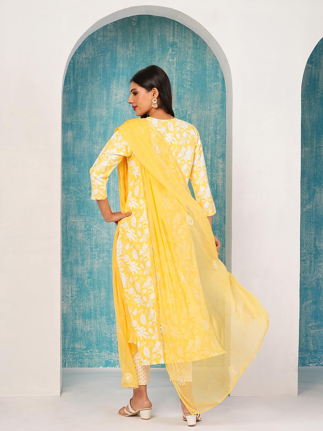 Gosriki Women'S Cotton Blend Straight Printed Kurta With Pant & Dupatta (Mei Yellow-Nd-Gs_Xl_Yellow_X-Large),Yellow,,B0D4J8Q4NN