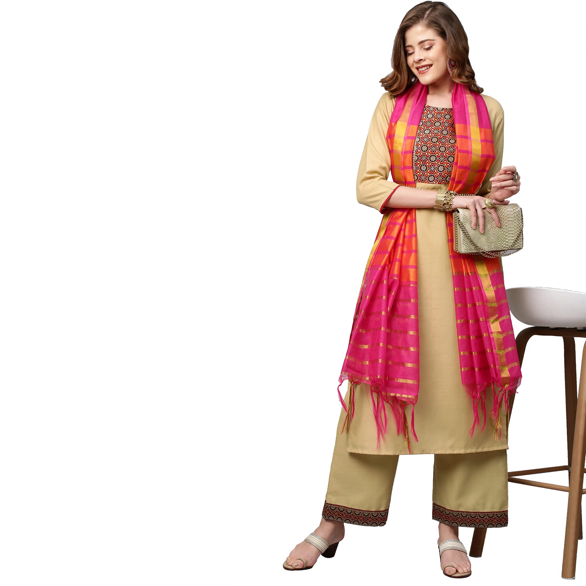 Anni Designer Women'S Cotton Blend Kurta With Palazzo & Dupatta (Zuri_Beige_L),Beige,L