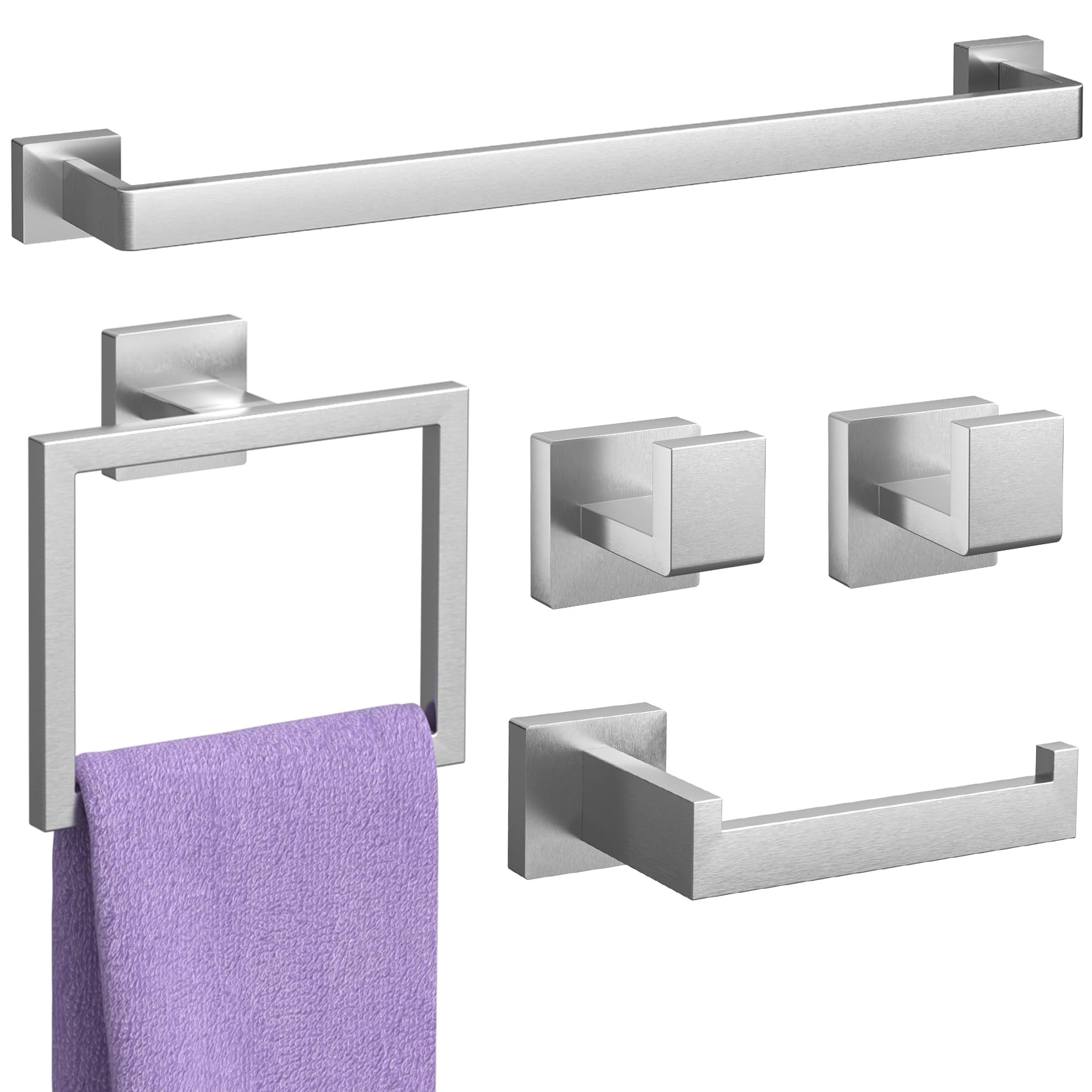 15-Piece Brushed Nickel Bathroom Accessories Set - 23.6 Towel Bar, Towel Ring, Toilet Paper Holder & Hooks, Wall Mounted Bathr
