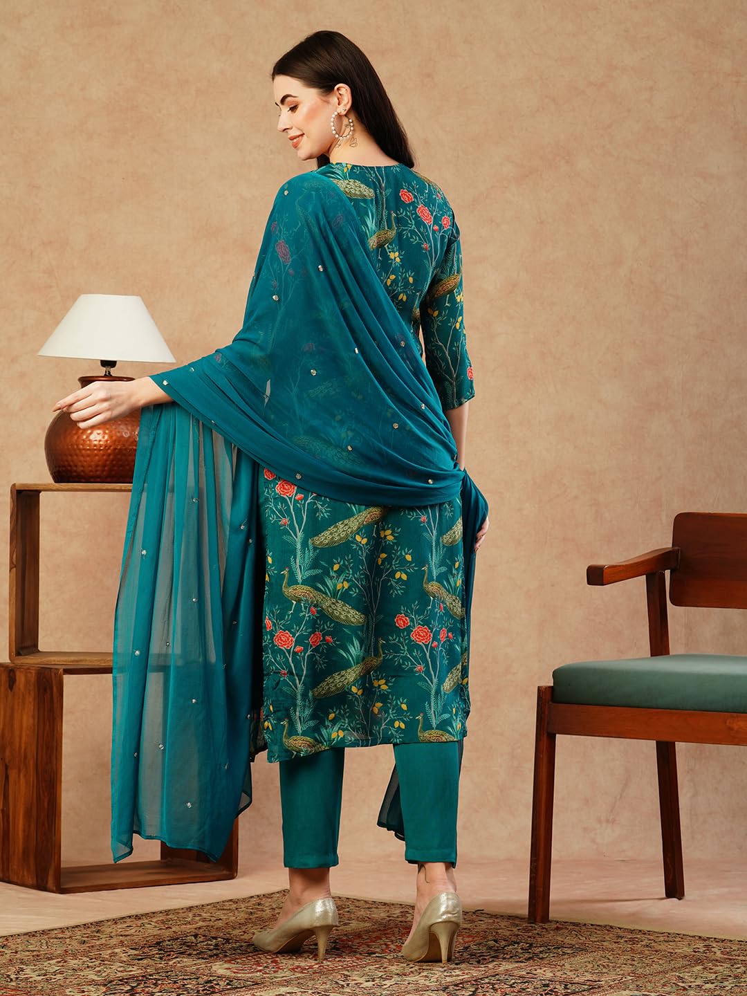 Gosriki Women'S Cotton Blend Straight Printed Kurta With Pant & Dupatta (Geto Rama-Nfb-Gs_Xxl_Green_Xx-Large),Green,2,B0CTHXRHXY