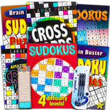 Sudoku Crossword Puzzle Books for Adults Seniors Super Set ~ Bundle of 6 Jumbo Crossword and Sudoku Puzzle Books Plus Pens and B