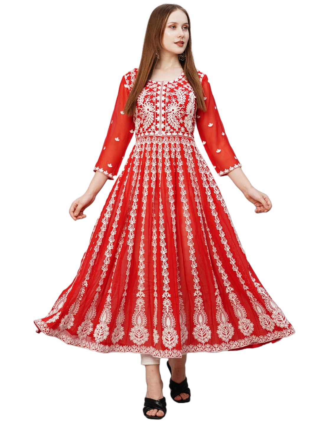 Anni Designer Women'S Georgette Chikankari Embroidered Anarkali Kurti (Kari Red-Grt_L_Red_Large),Red,L