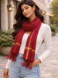 Gk Villa Maroon Plaid Scarf With Gold Amber Stripe And Fringe Tassels