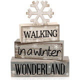 Moucuny 4 Pcs Christmas Table Decorations Wooden Snowflake Decor Winter Tiered Tray Decor Rustic Snow Block Signs Gift Farmhouse