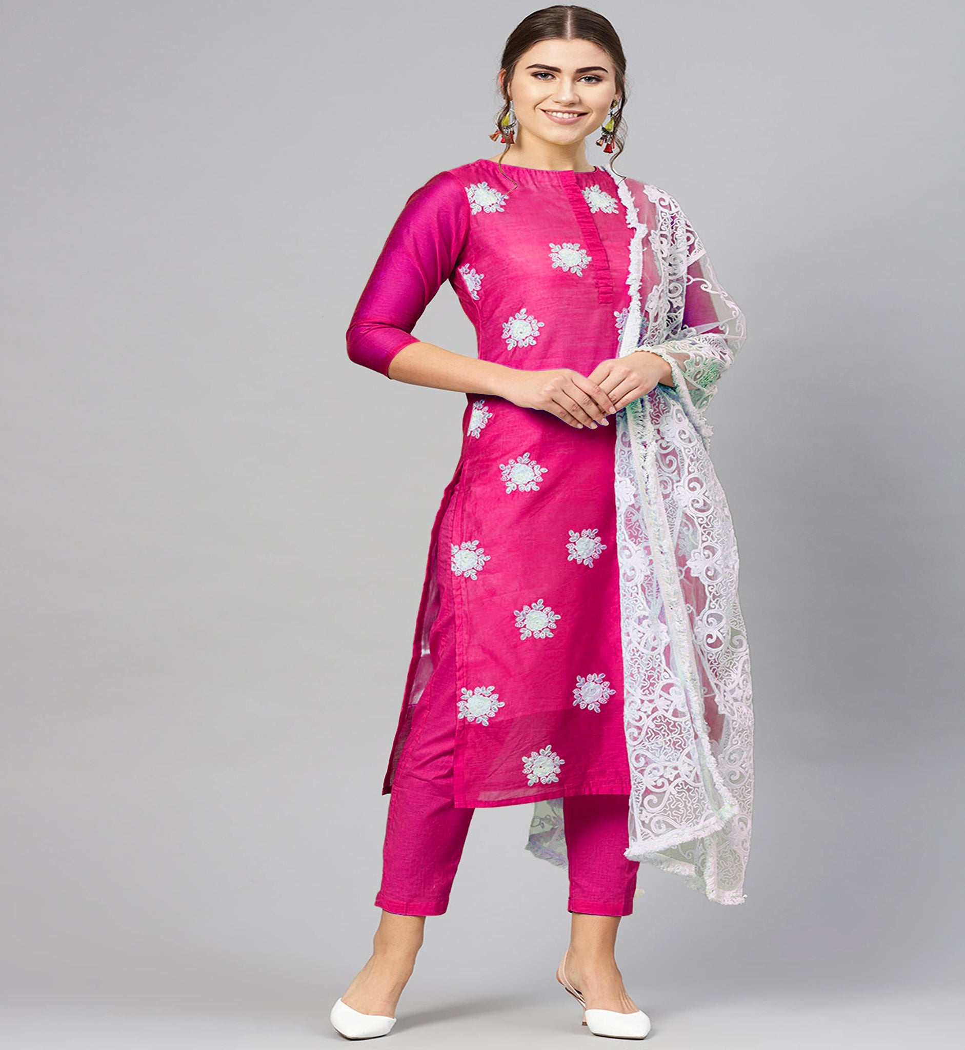 Anni Designer Women'S Ruby Cotton Straight Embroidery Kurti With Pant & Dupatta Set (White-Show Pink_Xxl Pink_Xx-Large),Pink,2XL,Cotton Blend,Straight,