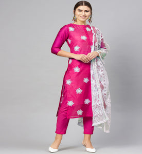 Anni Designer Women'S Ruby Cotton Straight Embroidery Kurti With Pant & Dupatta Set (White-Show Pink_Xxl Pink_Xx-Large),Pink,2XL,Cotton Blend,Straight,