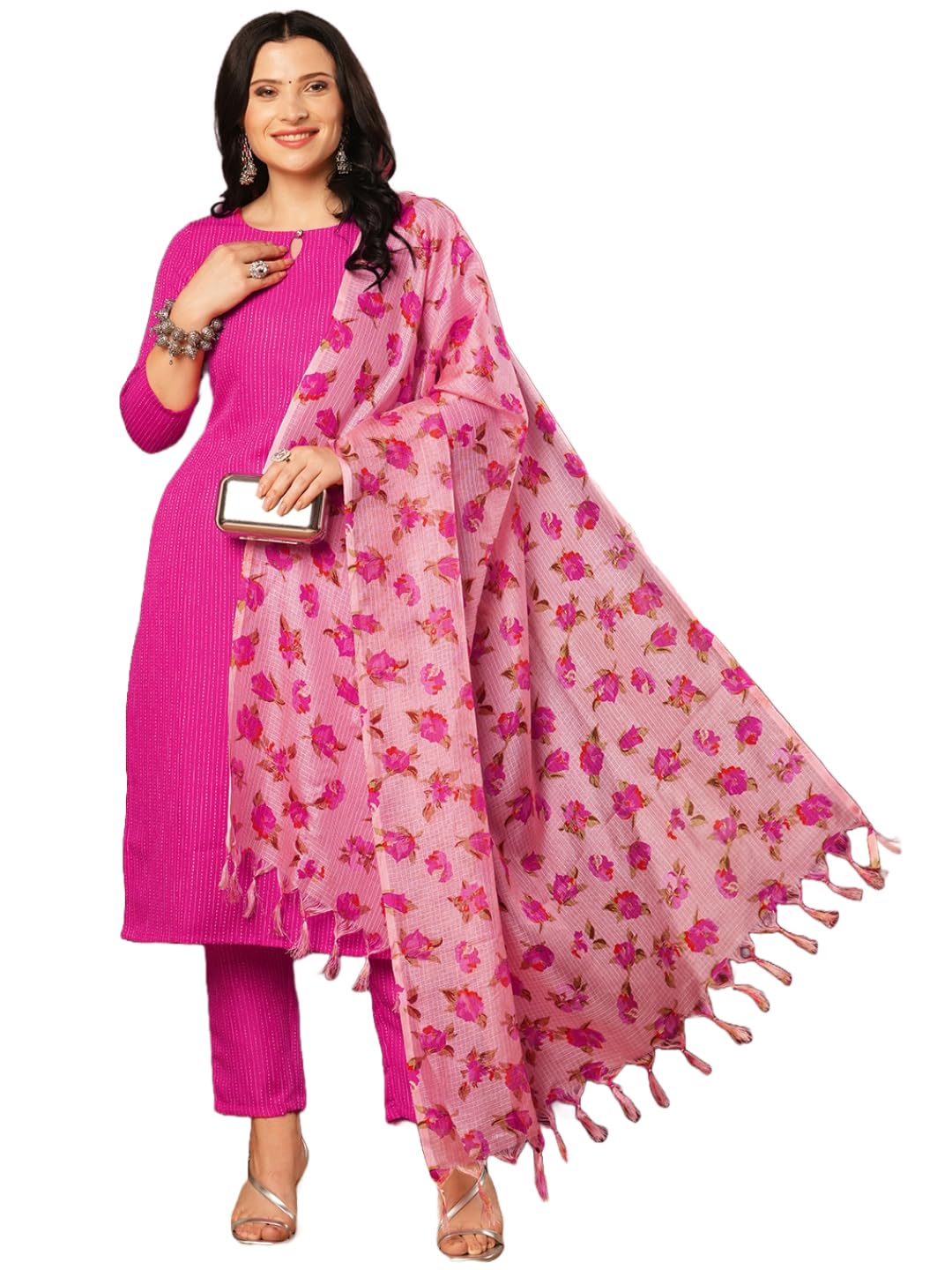 Anni Designer Women'S Rayon Blend Printed Straight Kurta With Pant & Dupatta (Barhai Pink-Vks01_S_Pink_Small),Pink,S,,,