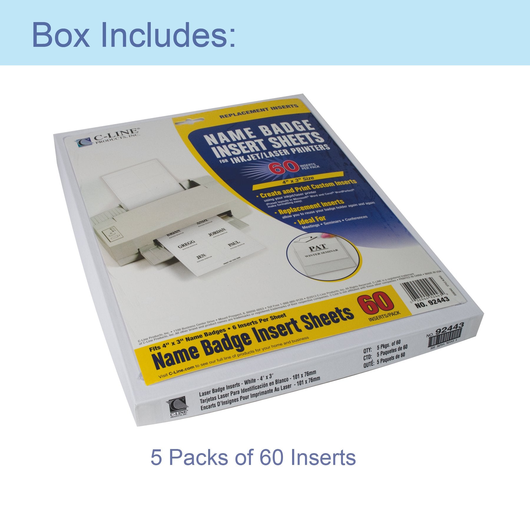 C-Line Replacement Inkjet/Laser Printer White Badge Inserts, 3 X 4 Inches, 6 Sheet, 5 Packs With 10 Sheets Per Pack, 300 Inserts