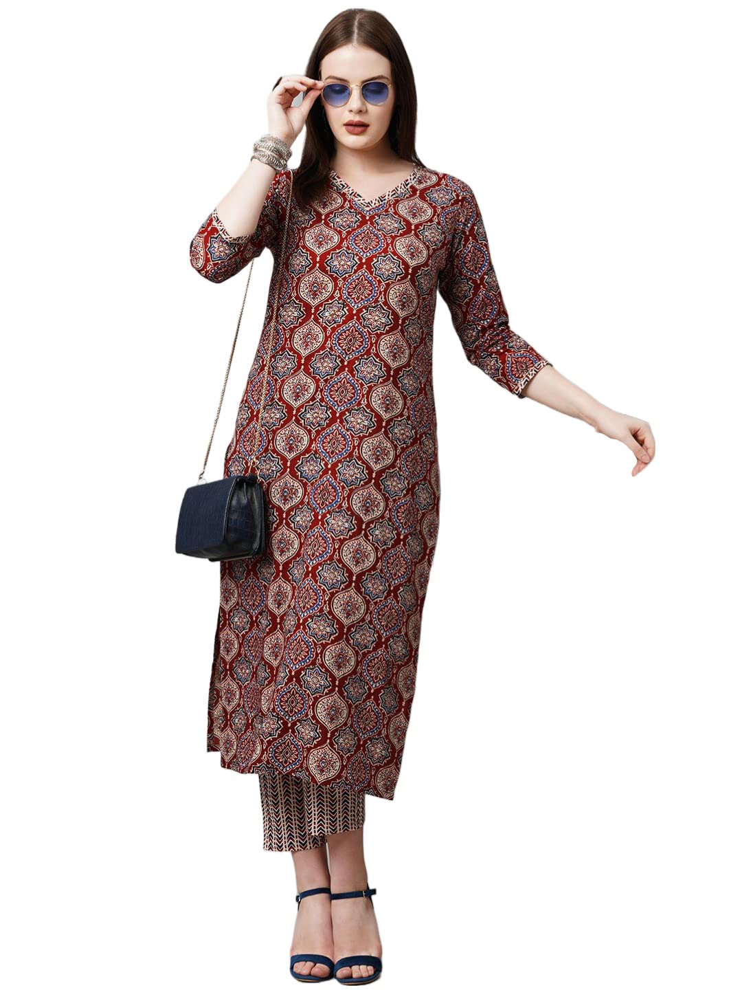 Anni Designer Women'S Cotton Blend Traditional Straight Printed Kurta And Pant Set (Priyani Red_Xl_Red_X-Large),Red,XL