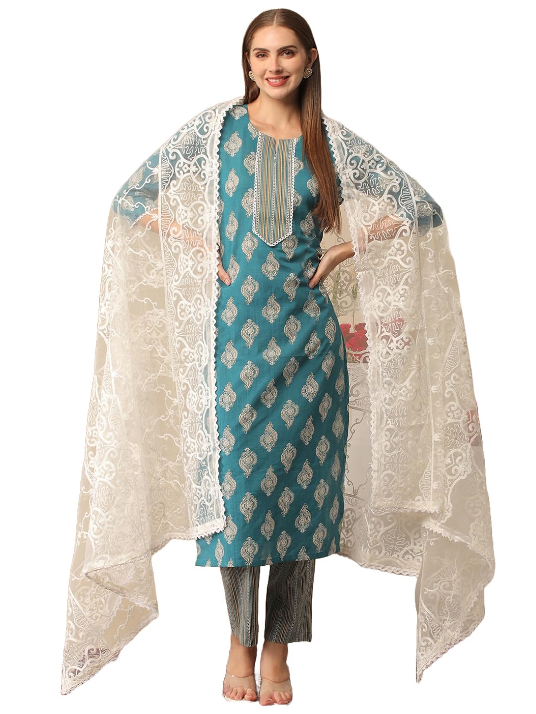 Anni Designer Women'S Cotton Blend Printed Straight Kurta With Pant & Dupatta (Kai Green_S_Green_Small),Green,S,,,