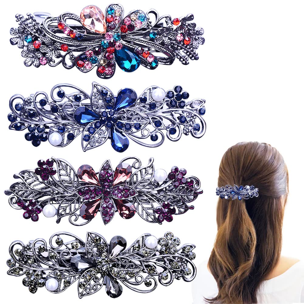 4 PCS Hair Barrettes for Women Ladies, Flower Crystal Rhinestones Barrettes Pearl Spring Hair Clip Accessories Women Fashion Pon