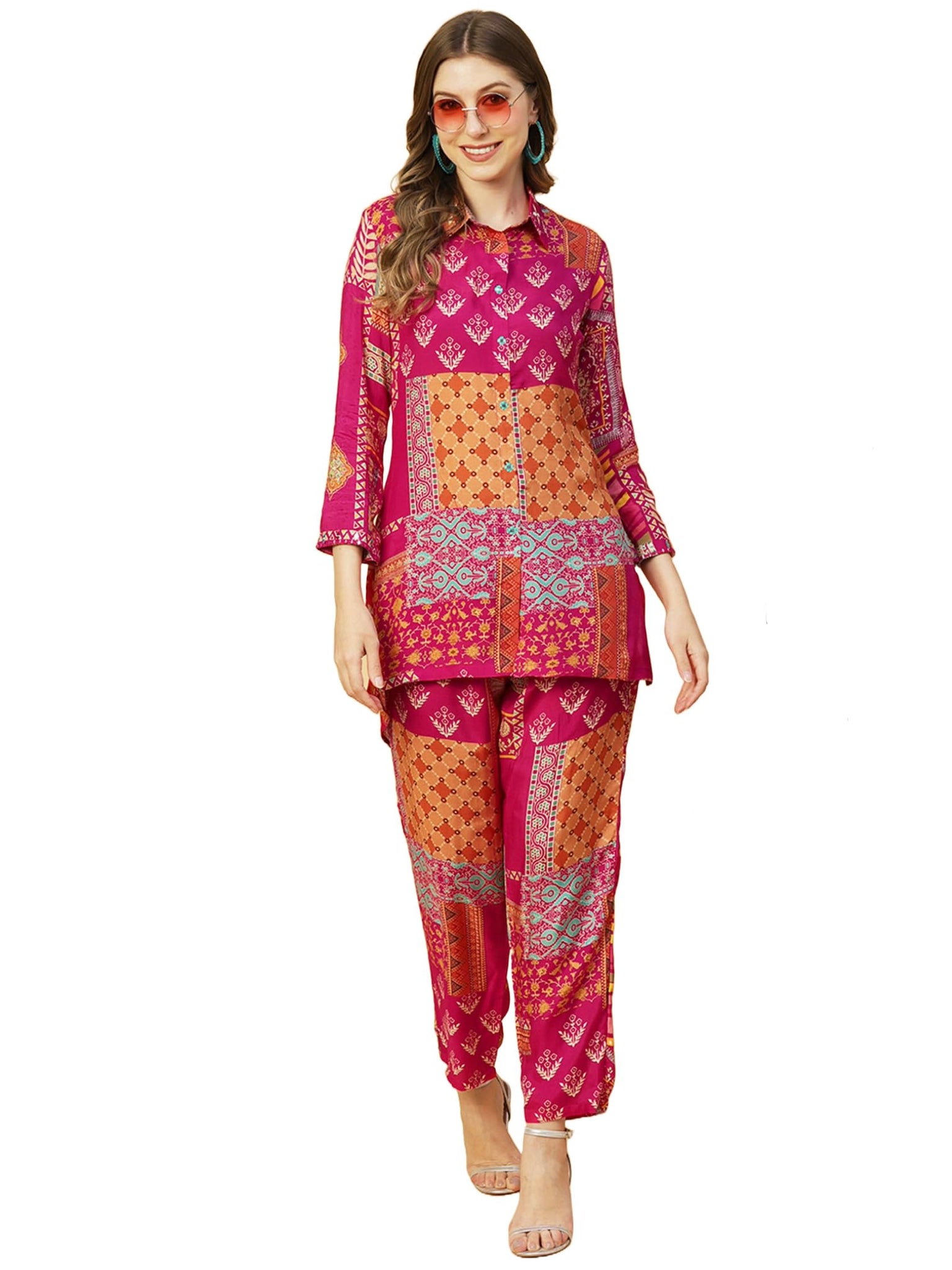Gosriki Women'S Chanderi Cotton Short Length Printed Co-Ord Set (Abc Pink Co-Ord-Nkl-Gs_Xl_Pink_X-Large),Pink,,B0CM9JM67B