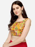 Pujia Mills Women'S Phantom Silk Floral Sleeveless Saree Blouse (Position Print 1 Blouse Yellow, 36)
