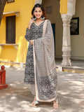 Anni Designer Women'S Cotton Blend Straight Printed Kurta With Pant & Dupatta (Nihira Cream-N3W_L_Black_Large),Black,L,Cotton Blend,Regular,Dupatta